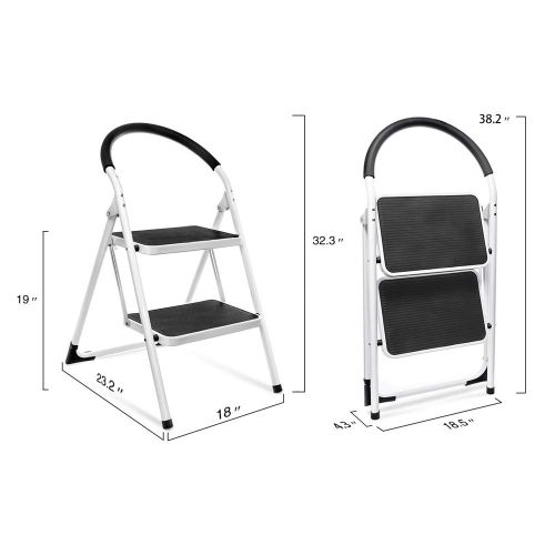  Delxo 2 Step Stool Folding Step Stool Steel Stepladders with Handgrip Anti-slip Sturdy and Wide Pedal Steel Ladder 330lbs White and Black Combo 2-Feet (WK2061A-2) (2 Step Stool)