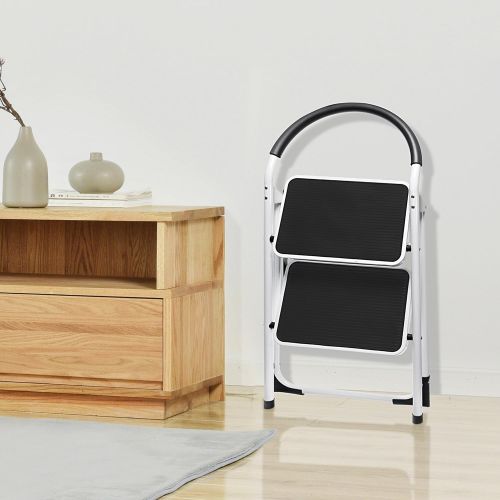  Delxo 2 Step Stool Folding Step Stool Steel Stepladders with Handgrip Anti-slip Sturdy and Wide Pedal Steel Ladder 330lbs White and Black Combo 2-Feet (WK2061A-2) (2 Step Stool)