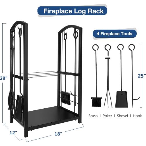  Delxo Fireplace Rack Indoor with 4 pcs Fireplace Tools Fire Pits Tools for Outdoor Log Holder Wood Stove Accessories Black Fireplace Log Rack Wrought Iron Logs Bin Holder for Firep