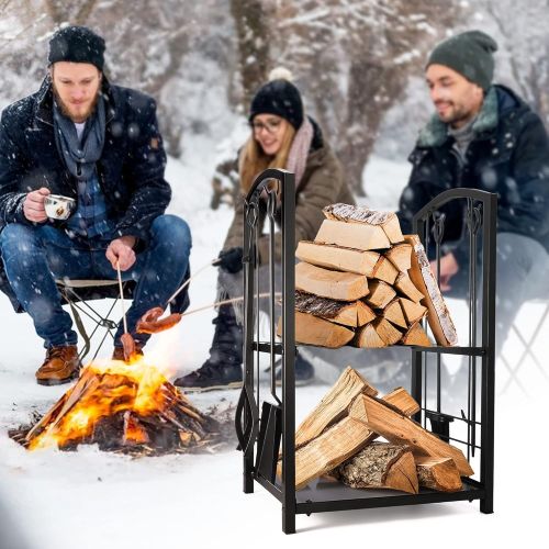  Delxo Fireplace Rack Indoor with 4 pcs Fireplace Tools Fire Pits Tools for Outdoor Log Holder Wood Stove Accessories Black Fireplace Log Rack Wrought Iron Logs Bin Holder for Firep