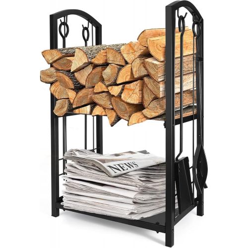  Delxo Fireplace Rack Indoor with 4 pcs Fireplace Tools Fire Pits Tools for Outdoor Log Holder Wood Stove Accessories Black Fireplace Log Rack Wrought Iron Logs Bin Holder for Firep