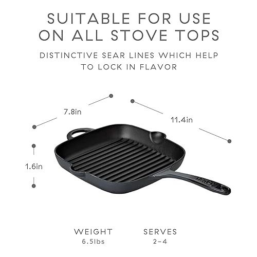 덴비 Denby - Halo Black Cast Iron Griddle Pan - 10 Inch Non Stick Frying Pan - Oven Safe, For All Stove Types, Induction, Gas, Electric