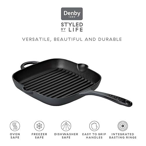 덴비 Denby - Halo Black Cast Iron Griddle Pan - 10 Inch Non Stick Frying Pan - Oven Safe, For All Stove Types, Induction, Gas, Electric