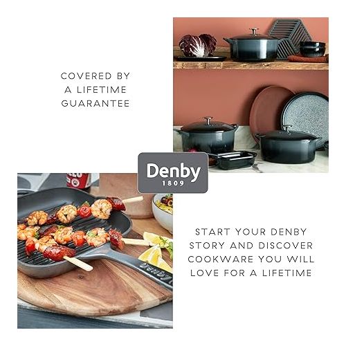 덴비 Denby - Halo Black Cast Iron Griddle Pan - 10 Inch Non Stick Frying Pan - Oven Safe, For All Stove Types, Induction, Gas, Electric