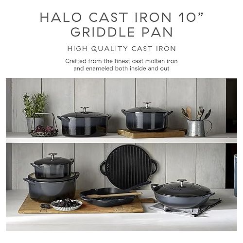 덴비 Denby - Halo Black Cast Iron Griddle Pan - 10 Inch Non Stick Frying Pan - Oven Safe, For All Stove Types, Induction, Gas, Electric