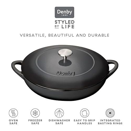 덴비 Denby - Halo Black Cast Iron Casserole Dish Shallow - Dutch Oven, Oven Safe Pot, Enamelled - 3.8L Capacity, 11.8in - Serves 4-6 People