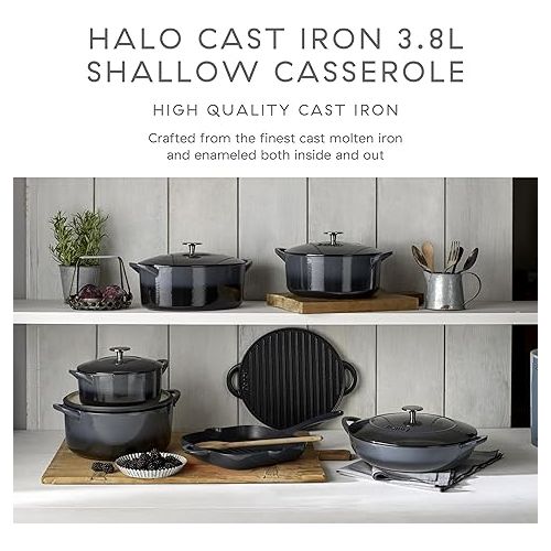 덴비 Denby - Halo Black Cast Iron Casserole Dish Shallow - Dutch Oven, Oven Safe Pot, Enamelled - 3.8L Capacity, 11.8in - Serves 4-6 People