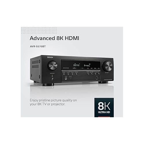  Denon AVR-S570BT (2022 Model) 5.2 Channel AV Receiver - 8K Ultra HD Audio & Video, Enhanced Gaming Experience, Wireless Streaming via Built-in Bluetooth, (4) 8K HDMI Inputs, Supports eARC (Renewed)