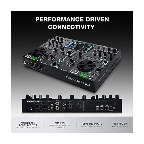  DJ Set & DMX Bundle - DJ Console with 2 Decks, WIFI Streaming, 7-Inch HD Touchscreen and Rechargeable Battery - Denon DJ Prime GO & SoundSwitch DMX Interface