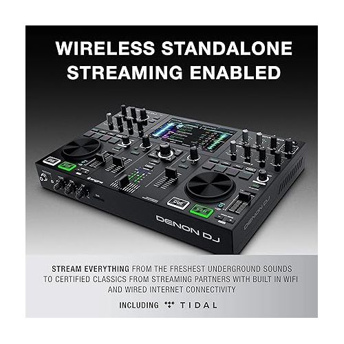  DJ Set & DMX Bundle - DJ Console with 2 Decks, WIFI Streaming, 7-Inch HD Touchscreen and Rechargeable Battery - Denon DJ Prime GO & SoundSwitch DMX Interface