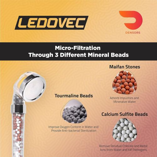  Densors Levodec Filter Shower Head- Hard Water Filter- Pressure Shower Head- Chlorine Filter- Water Saving- Mineral Stone Shower Head- Relax Bath- Shower Hose and Refill-Skin and Hair Care