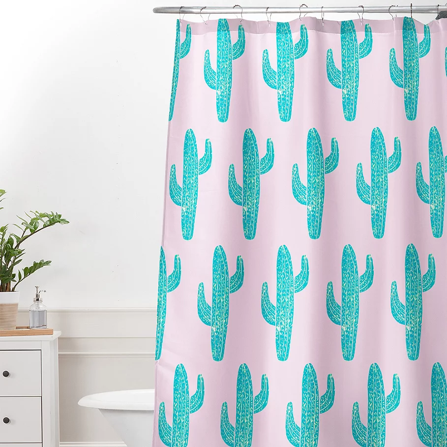 Deny Designs Bianca Green Linocut Cacti Candy Shower Curtain in Pink