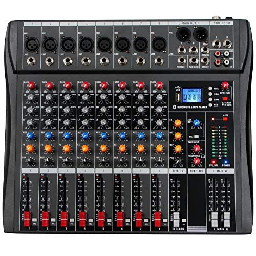  Depusheng DX8 Professional Mixer Sound Board Console 8 Channel Desk System Interface Digital USB MP3 Input 48V Phantom Power Stereo DJ Studio FX Steel Chassis,Black Bluetooth USB A