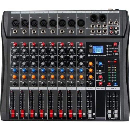  Depusheng DX8 Professional Mixer Sound Board Console 8 Channel Desk System Interface Digital USB MP3 Input 48V Phantom Power Stereo DJ Studio FX Steel Chassis,Black Bluetooth USB A