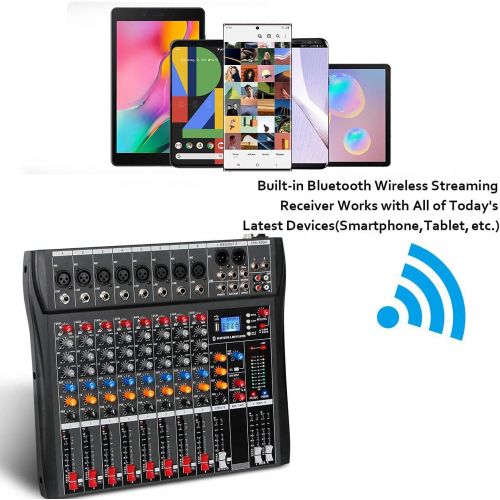  Depusheng DX8 Professional Mixer Sound Board Console 8 Channel Desk System Interface Digital USB MP3 Input 48V Phantom Power Stereo DJ Studio FX Steel Chassis,Black Bluetooth USB A