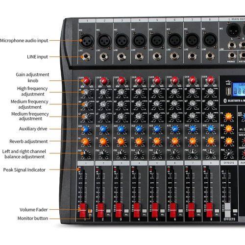  Depusheng DX8 Professional Mixer Sound Board Console 8 Channel Desk System Interface Digital USB MP3 Input 48V Phantom Power Stereo DJ Studio FX Steel Chassis,Black Bluetooth USB A