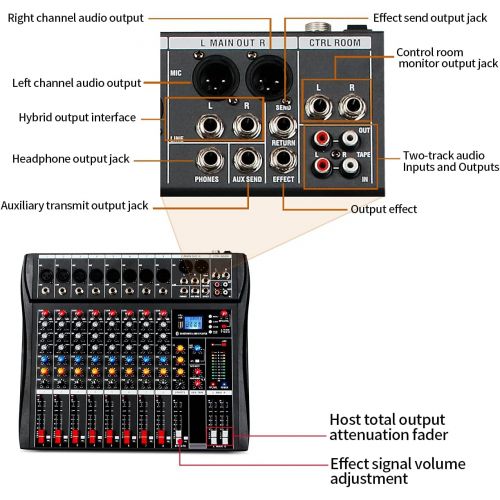  Depusheng DX8 Professional Mixer Sound Board Console 8 Channel Desk System Interface Digital USB MP3 Input 48V Phantom Power Stereo DJ Studio FX Steel Chassis,Black Bluetooth USB A