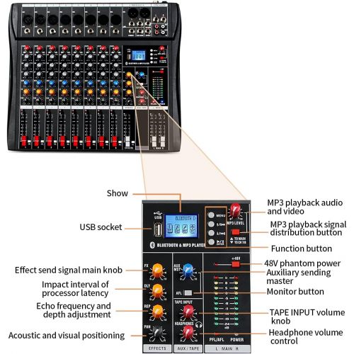  Depusheng DX8 Professional Mixer Sound Board Console 8 Channel Desk System Interface Digital USB MP3 Input 48V Phantom Power Stereo DJ Studio FX Steel Chassis,Black Bluetooth USB A