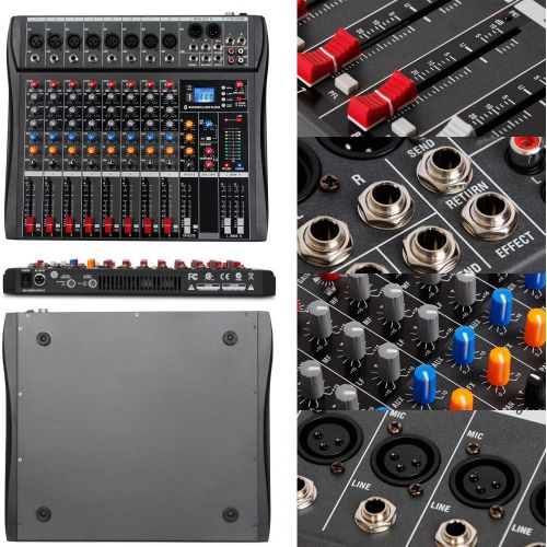  Depusheng DX8 Professional Mixer Sound Board Console 8 Channel Desk System Interface Digital USB MP3 Input 48V Phantom Power Stereo DJ Studio FX Steel Chassis,Black Bluetooth USB A