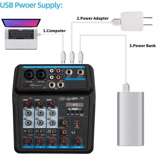  Depusheng U4 Portable Mini Mixer 4 Channel Audio DJ Console with Sound Card, USB, 48V Phantom Power for PC Recording Singing Webcast Party