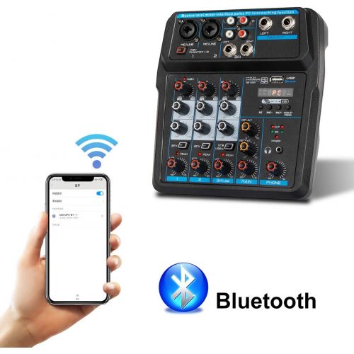  Depusheng U4 Portable Mini Mixer 4 Channel Audio DJ Console with Sound Card, USB, 48V Phantom Power for PC Recording Singing Webcast Party