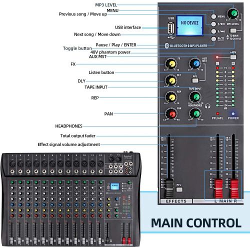  Depusheng DT12 Studio Audio Mixer 12-Channel DJ Sound Controller Interface w/USB Drive for Computer Recording Input, XLR Microphone Jack, 48V Power, RCA Input/Output for Profession