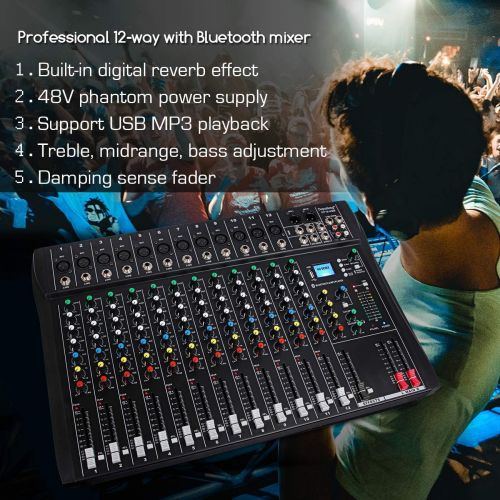  Depusheng DT12 Studio Audio Mixer 12-Channel DJ Sound Controller Interface w/USB Drive for Computer Recording Input, XLR Microphone Jack, 48V Power, RCA Input/Output for Profession