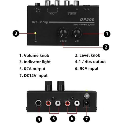  Phono Turntable Preamp-Mini Audio Stereo Phonograph，Separate DC 12V Power Adapter, RCA Input, RCA Output & Low Noise preamp,Portable, Independent Knob Control Operation -Depusheng