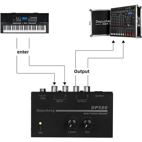  Phono Turntable Preamp-Mini Audio Stereo Phonograph，Separate DC 12V Power Adapter, RCA Input, RCA Output & Low Noise preamp,Portable, Independent Knob Control Operation -Depusheng