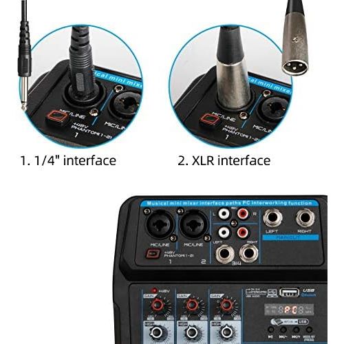  [아마존베스트]Depusheng U4 Sound Mixing Console Bluetooth USB Record Computer Playback 48V Phantom Power Delay Repeat Effect 4 Channels USB Audio Mixer for Computer Recording, Bands