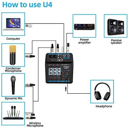  [아마존베스트]Depusheng U4 Sound Mixing Console Bluetooth USB Record Computer Playback 48V Phantom Power Delay Repeat Effect 4 Channels USB Audio Mixer for Computer Recording, Bands