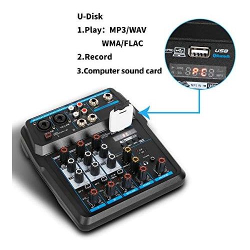  [아마존베스트]Depusheng U4 Sound Mixing Console Bluetooth USB Record Computer Playback 48V Phantom Power Delay Repeat Effect 4 Channels USB Audio Mixer for Computer Recording, Bands