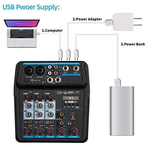  [아마존베스트]Depusheng U4 Sound Mixing Console Bluetooth USB Record Computer Playback 48V Phantom Power Delay Repeat Effect 4 Channels USB Audio Mixer for Computer Recording, Bands