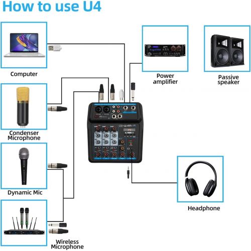  [아마존베스트]Depusheng U4 Sound Mixing Console Bluetooth USB Record Computer Playback 48V Phantom Power Delay Repeat Effect 4 Channels USB Audio Mixer for Computer Recording, Bands