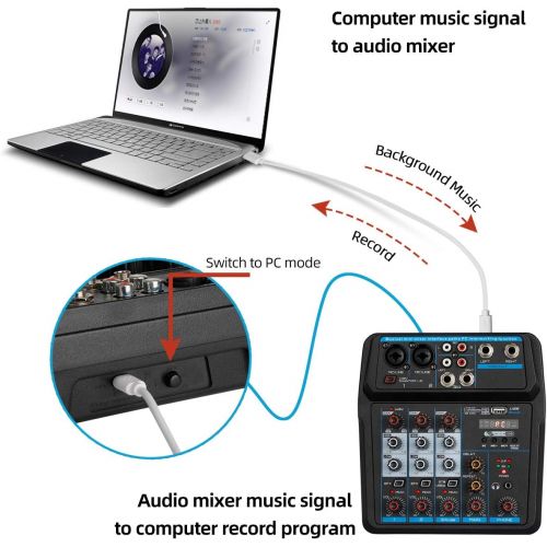  [아마존베스트]Depusheng U4 Sound Mixing Console Bluetooth USB Record Computer Playback 48V Phantom Power Delay Repeat Effect 4 Channels USB Audio Mixer for Computer Recording, Bands