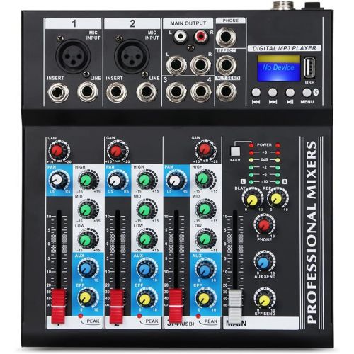  [아마존베스트]Depusheng Professional 4 Channel 48V USB Portable DJ Mixer Bluetooth Live Studio Audio Sound Mixing Console Controller for Computer Recording, Bands