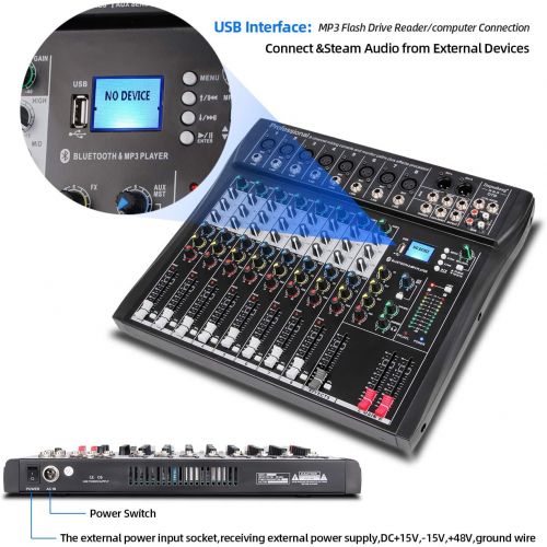  [아마존베스트]Depusheng DT8 Professional 8 Channel DJ Sound Mixing Console with Bluetooth and 48V Phantom Power USB Jack for Computer Recording, Bands