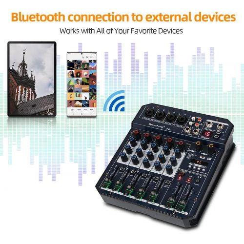  [아마존베스트]Depusheng T6 Portable 6-Channel Sound Card Mixing Console Audio Mixer Built-in 16 DSP 48V Phantom Power Supports BT Connection MP3 for Computer Recording, Bands
