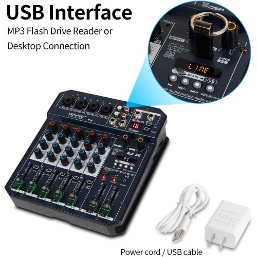  [아마존베스트]Depusheng T6 Portable 6-Channel Sound Card Mixing Console Audio Mixer Built-in 16 DSP 48V Phantom Power Supports BT Connection MP3 for Computer Recording, Bands