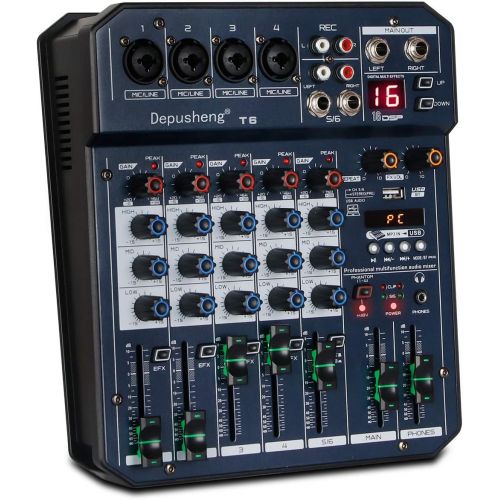  [아마존베스트]Depusheng T6 Portable 6-Channel Sound Card Mixing Console Audio Mixer Built-in 16 DSP 48V Phantom Power Supports BT Connection MP3 for Computer Recording, Bands