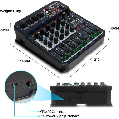  [아마존베스트]Depusheng T6 Portable 6-Channel Sound Card Mixing Console Audio Mixer Built-in 16 DSP 48V Phantom Power Supports BT Connection MP3 for Computer Recording, Bands