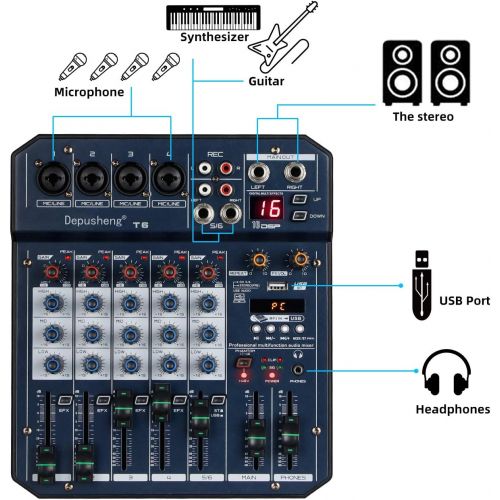  [아마존베스트]Depusheng T6 Portable 6-Channel Sound Card Mixing Console Audio Mixer Built-in 16 DSP 48V Phantom Power Supports BT Connection MP3 for Computer Recording, Bands