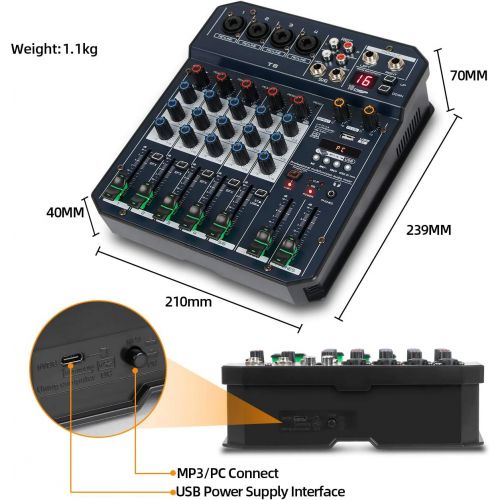  [아마존베스트]Depusheng T6 Professional 6 Channel Portable Digital Audio Mixer Console with DSP Effect Sound Card, Bluetooth, USB, for DJ Computer Recording