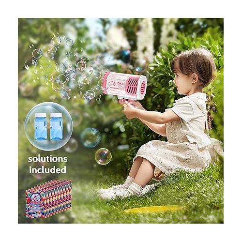  Bubble Machine Guns, Bubble Guns with Light, Bubble Solution, 69 Holes Bubbles Machine for Kids Adults, Summer Toy Gift for Outdoor Indoor Birthday Wedding Party - Pink Bubble Makers