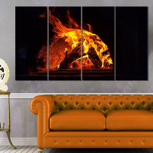  Designart Wood Stove with Fire and Blaze Abstract Glossy Metal Wall Art, 48x28 4 Equal Panels, Red/Black