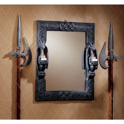  Design Toscano CL2429 Thorne Twin Sentinal Dragons Gothic Decor Wall Mirror Sculpture with Candle Holders, 24 Inch, Black