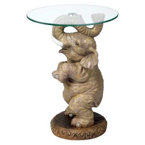  Design Toscano Good Fortune Elephant African Decor Glass Topped Side Table, 21 Inch, Polyresin, Full Color