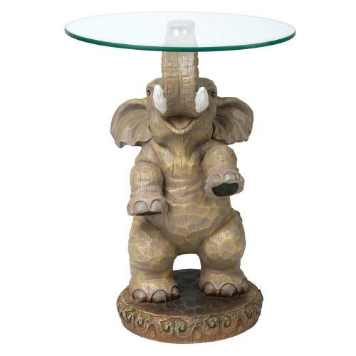  Design Toscano Good Fortune Elephant African Decor Glass Topped Side Table, 21 Inch, Polyresin, Full Color