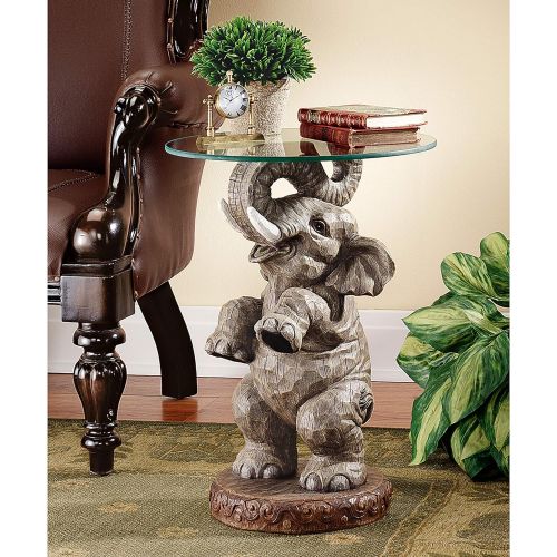  Design Toscano Good Fortune Elephant African Decor Glass Topped Side Table, 21 Inch, Polyresin, Full Color