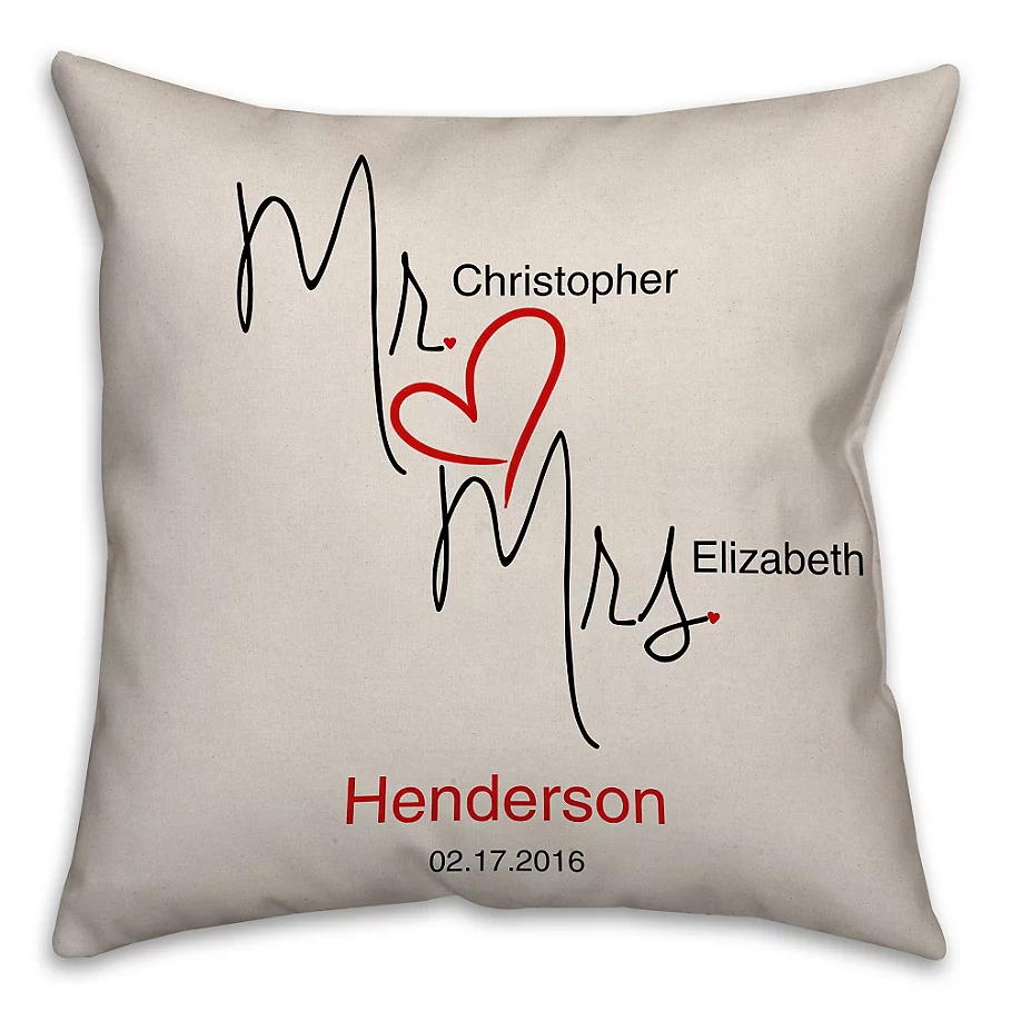  Mr. & Mrs. Handwritten Love Square Throw Pillow in White